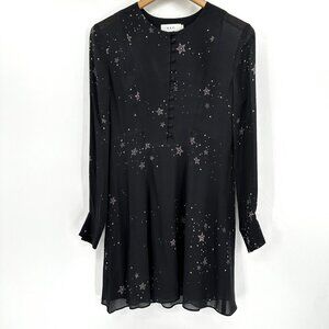 A.L.C Black Star Print Pedro Carmen Silk Button Down Long Sleeve 6 Sheath Dress